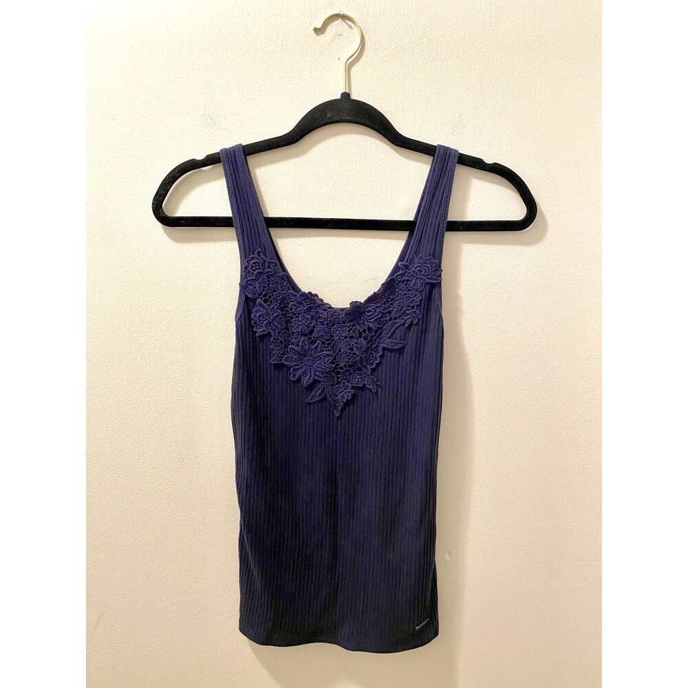 Y2K Hollister Lace Cami Tank Womens XS Fairy Dainty Ribbed Embroidery Floral TVD